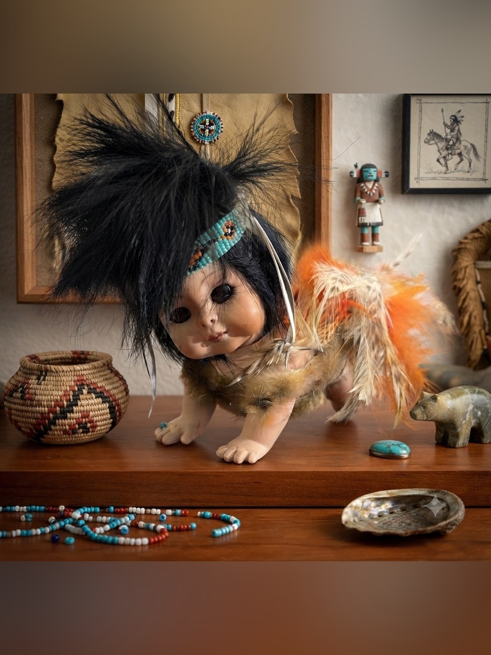 Highly Collectable Native American Crawling Baby Porcelain Doll with Feathers